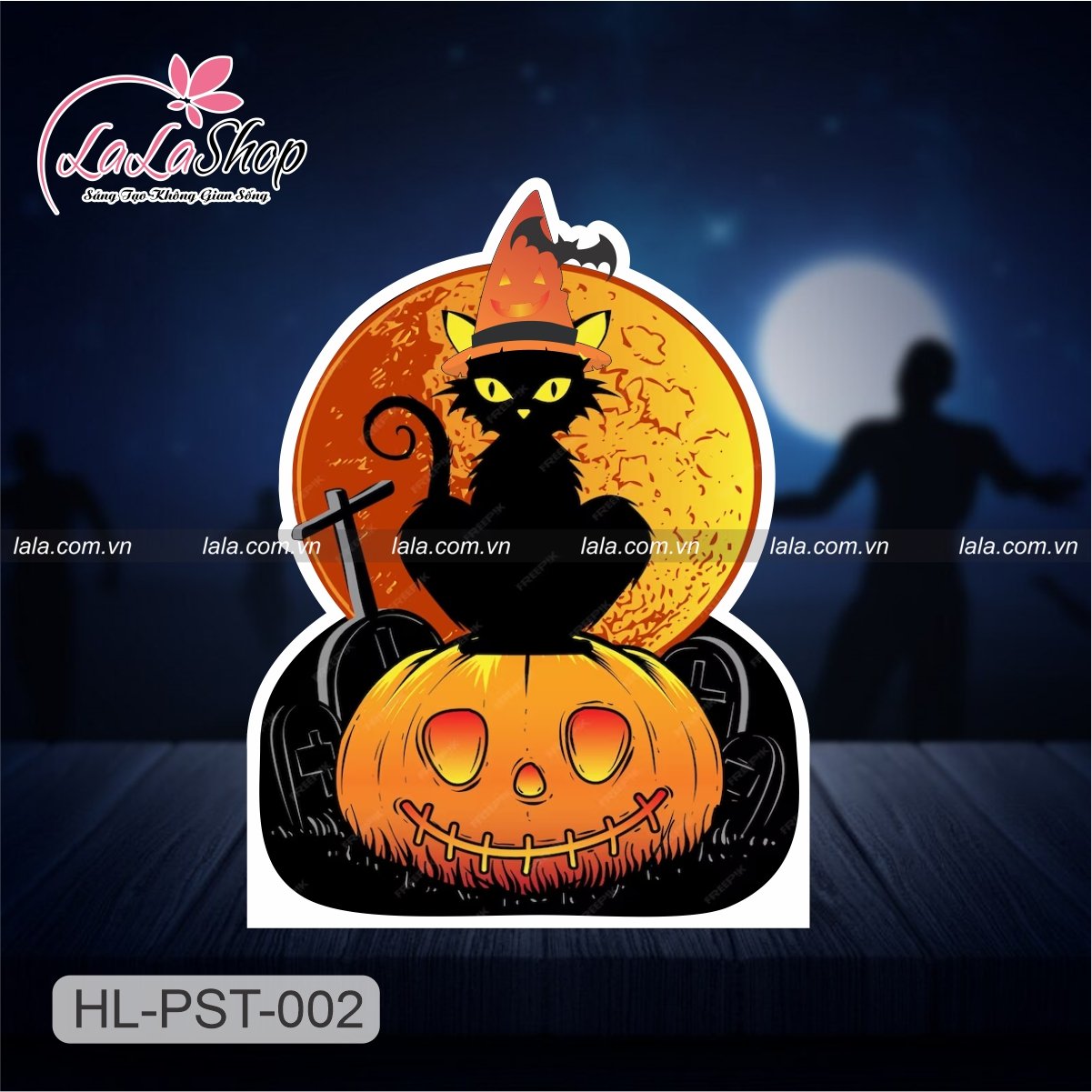 Standee trang trí halloween mèo đen và bí ngô ma quái