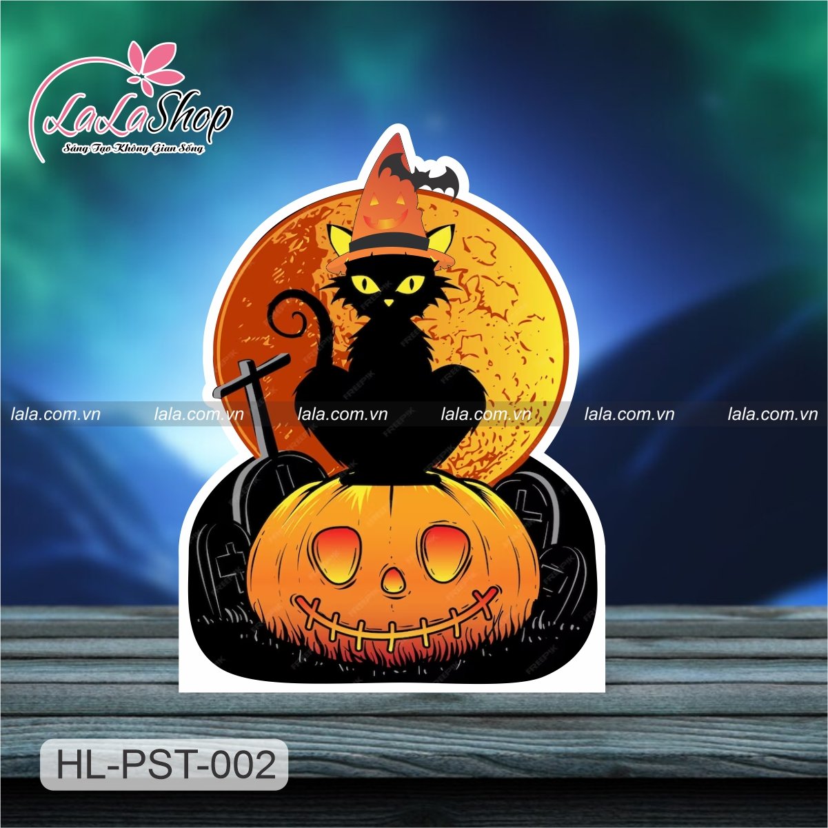 Standee trang trí halloween mèo đen và bí ngô ma quái