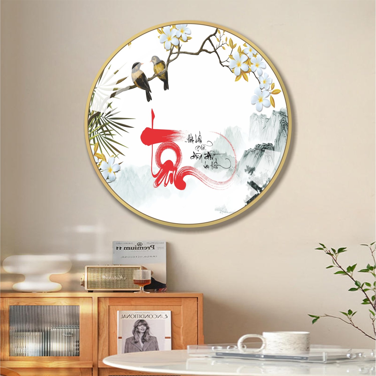 Tranh tròn thư pháp chữ tâm treo tường nghệ thuật