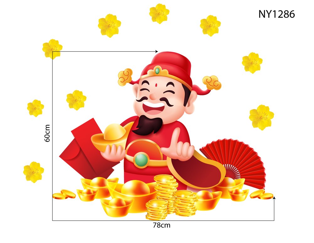 Decal trang trí tết Thần tài tiền vàng may mắn