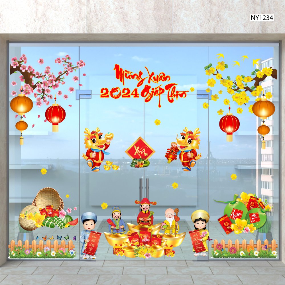 Combo Decal Trang Trí Tết Xuân Giáp Thìn Thần Tài Gõ Cửa