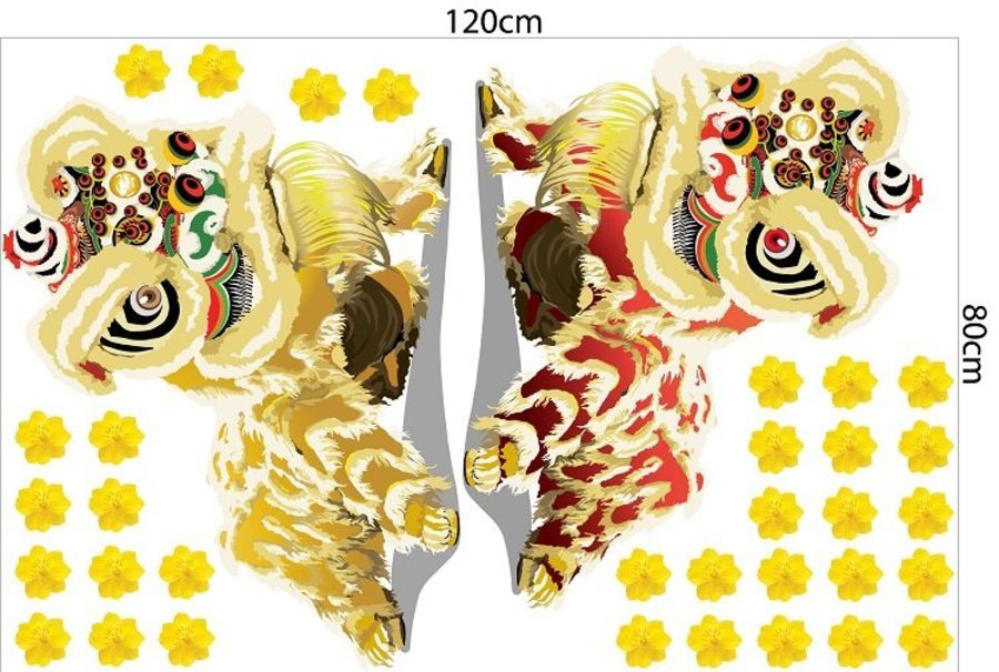 Combo Decal Trang Trí Tết Xuân Giáp Thìn Lân Sư Múa Vui Thần Tài Đến