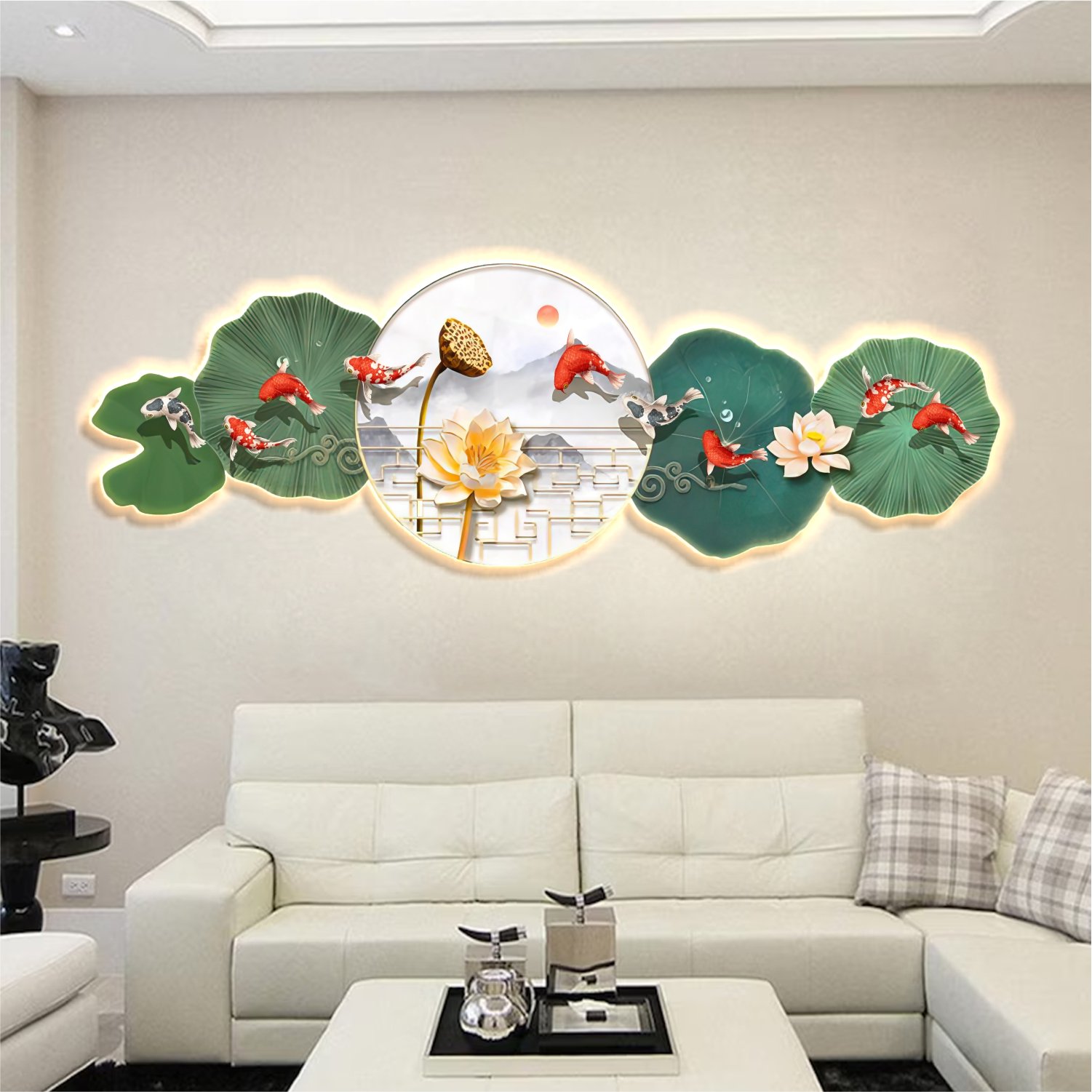 Tranh Đèn Led Tráng Gương Pha Lê Cá Chép Và Hoa Sen 239