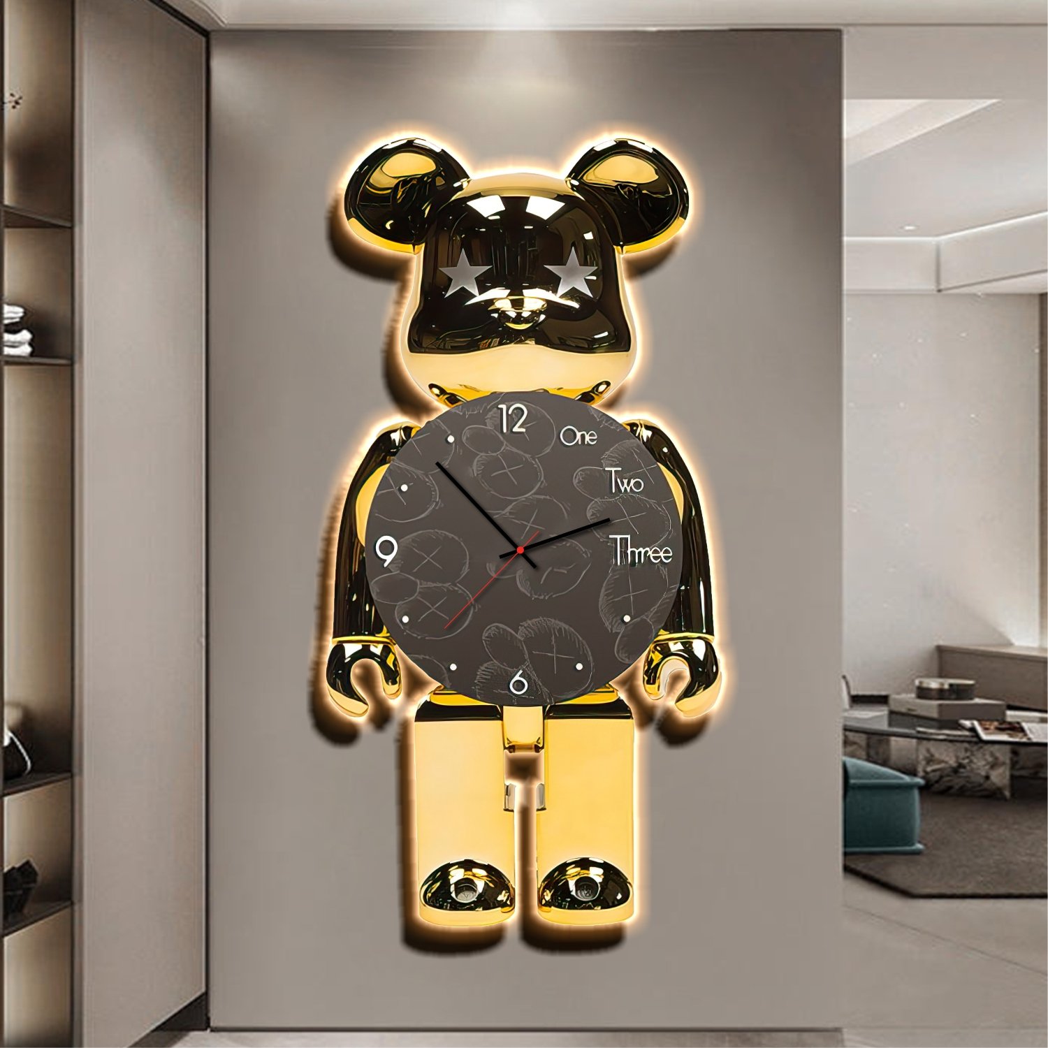 Tranh đèn LED tráng gương Bearbrick kèm đồng hồ nghệ thuật hiện đại 241
