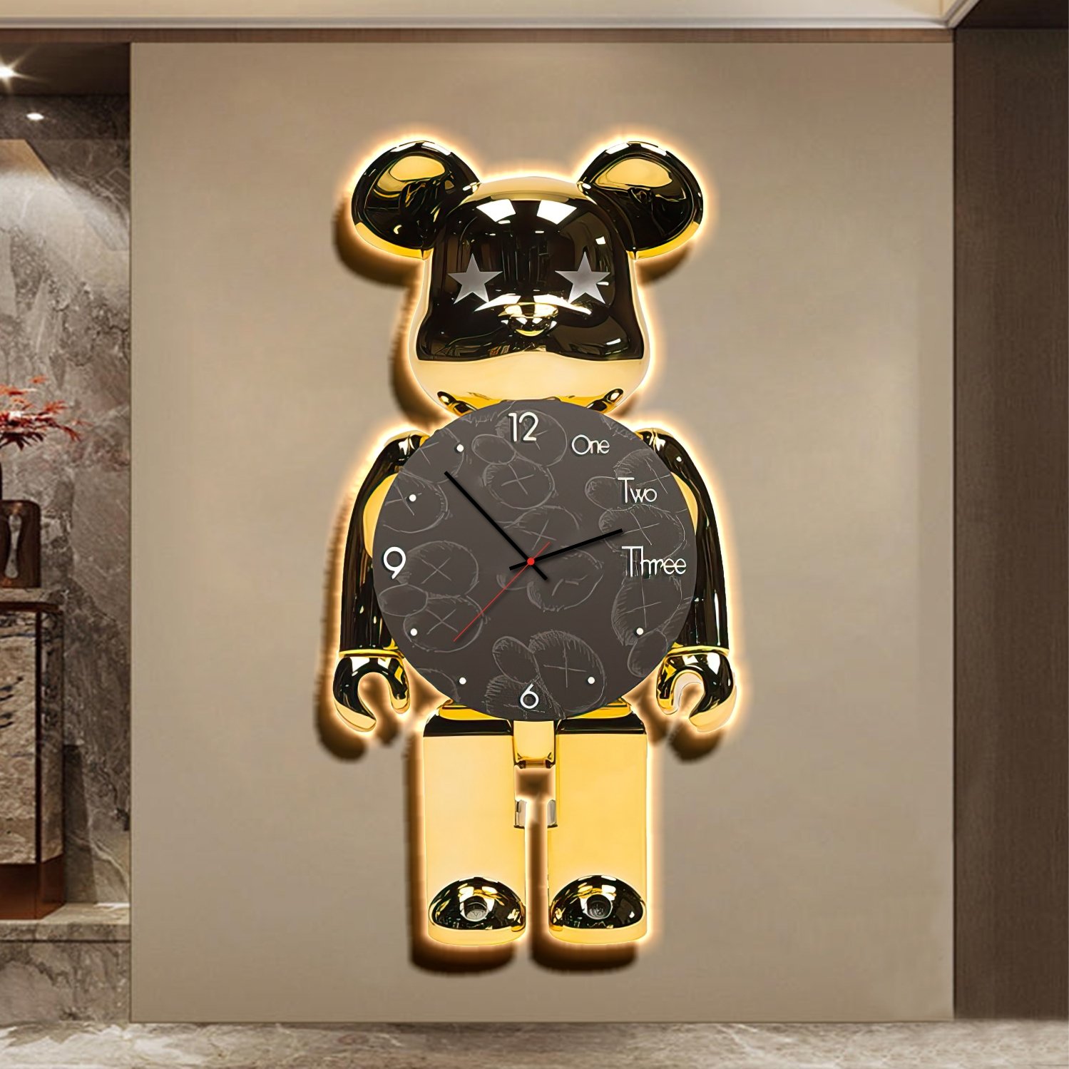 Tranh đèn LED tráng gương Bearbrick kèm đồng hồ nghệ thuật hiện đại 241
