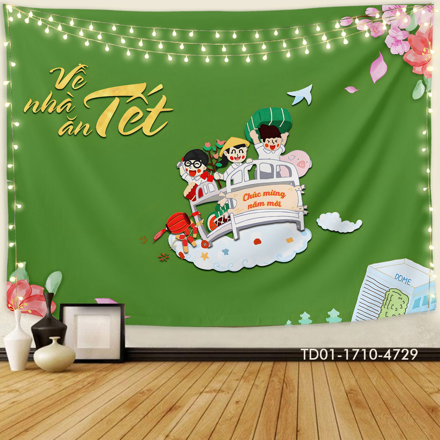Tranh vải treo tường trang trí tết về nhà ăn tết