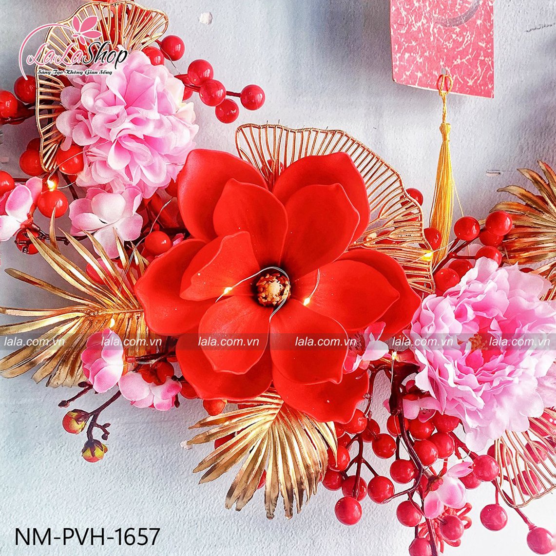 V&ograve;ng hoa thần t&agrave;i 50cm treo cửa đ&oacute;n vận may mắn trang tr&iacute; tết năm mới mẫu 657