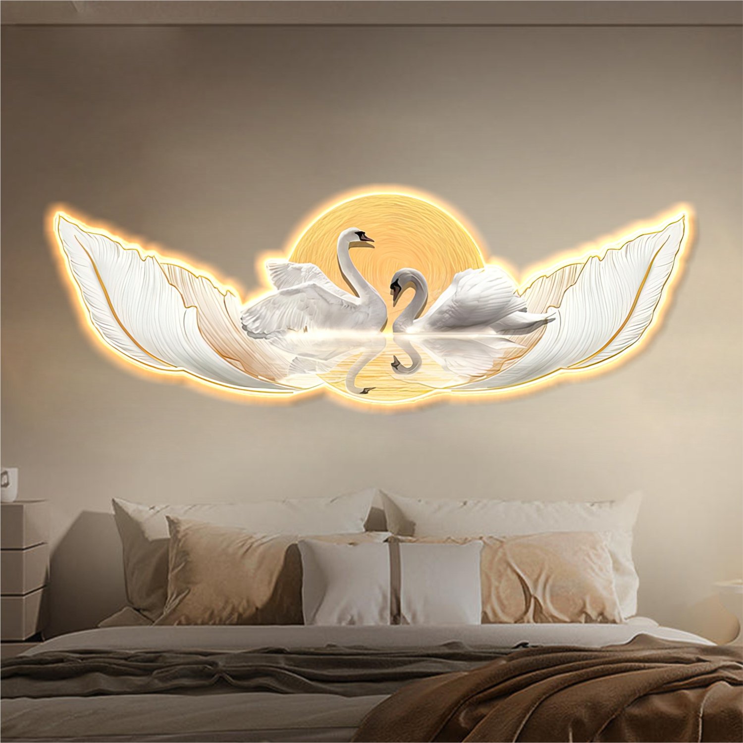 Tranh đèn tráng gương đôi thiên nga trang trí phòng khách