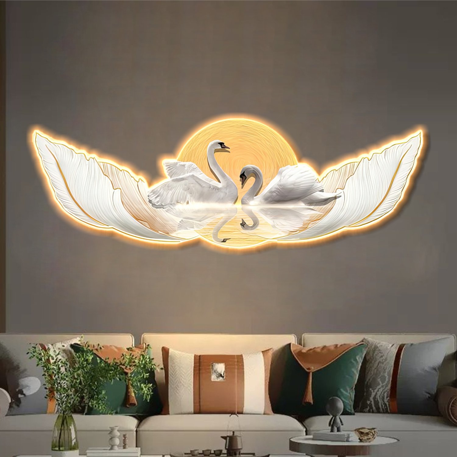 Tranh đèn tráng gương đôi thiên nga trang trí phòng khách