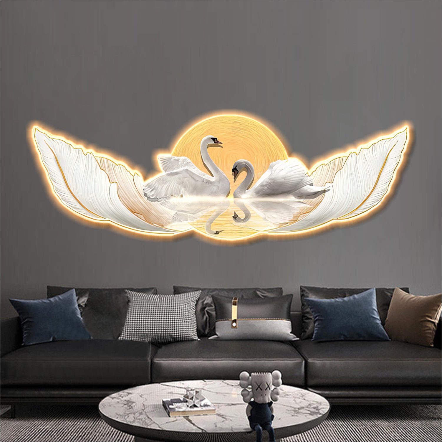 Tranh đèn tráng gương đôi thiên nga trang trí phòng khách