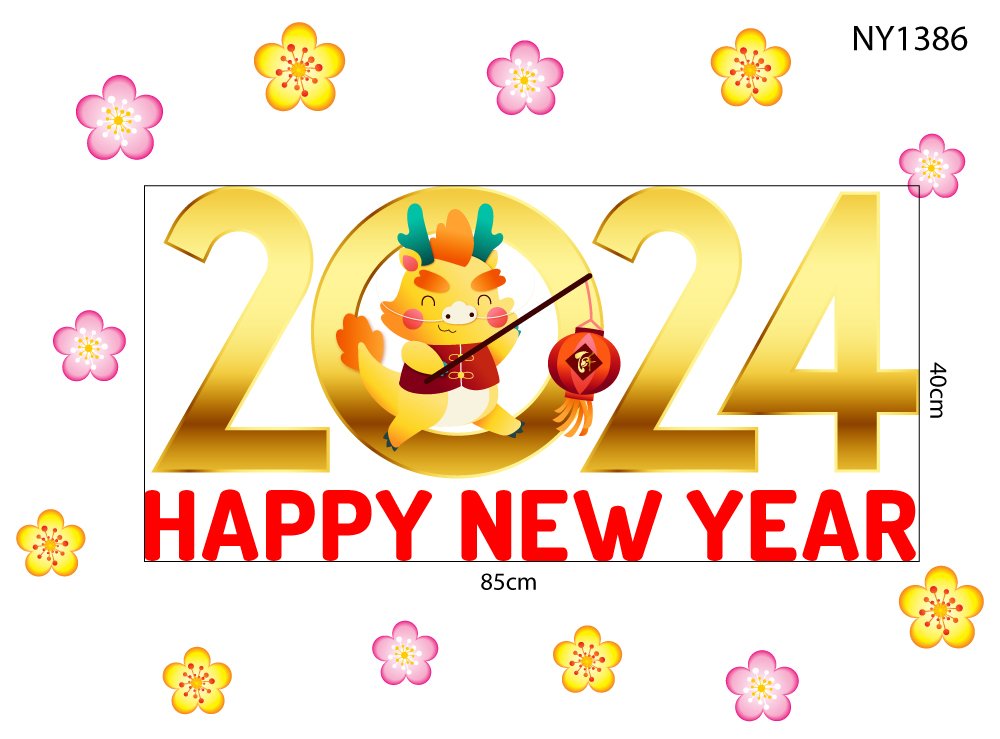 Decal Trang Trí Tết Giáp Thìn Happy New Year 2024 Mẫu 2
