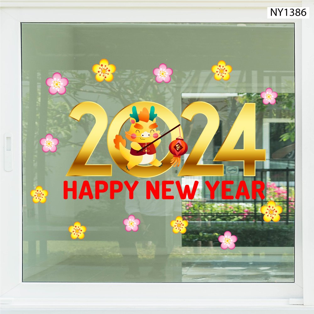 Decal Trang Trí Tết Giáp Thìn Happy New Year 2024 Mẫu 2