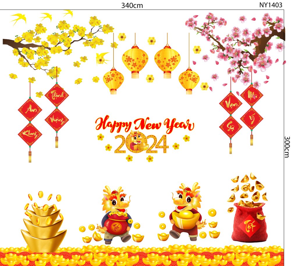 Combo Decal Trang Trí Tết Happy New Year Giáp Thìn 2024