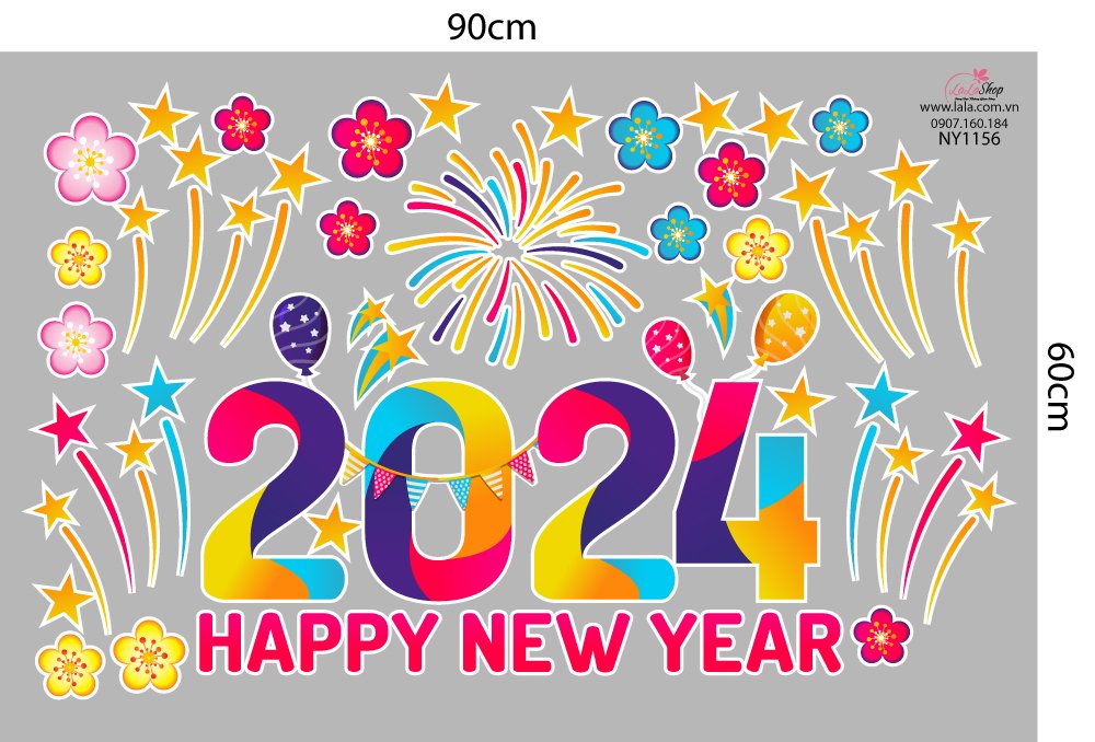 Decal trang trí tết happy new year 2024 mẫu 8