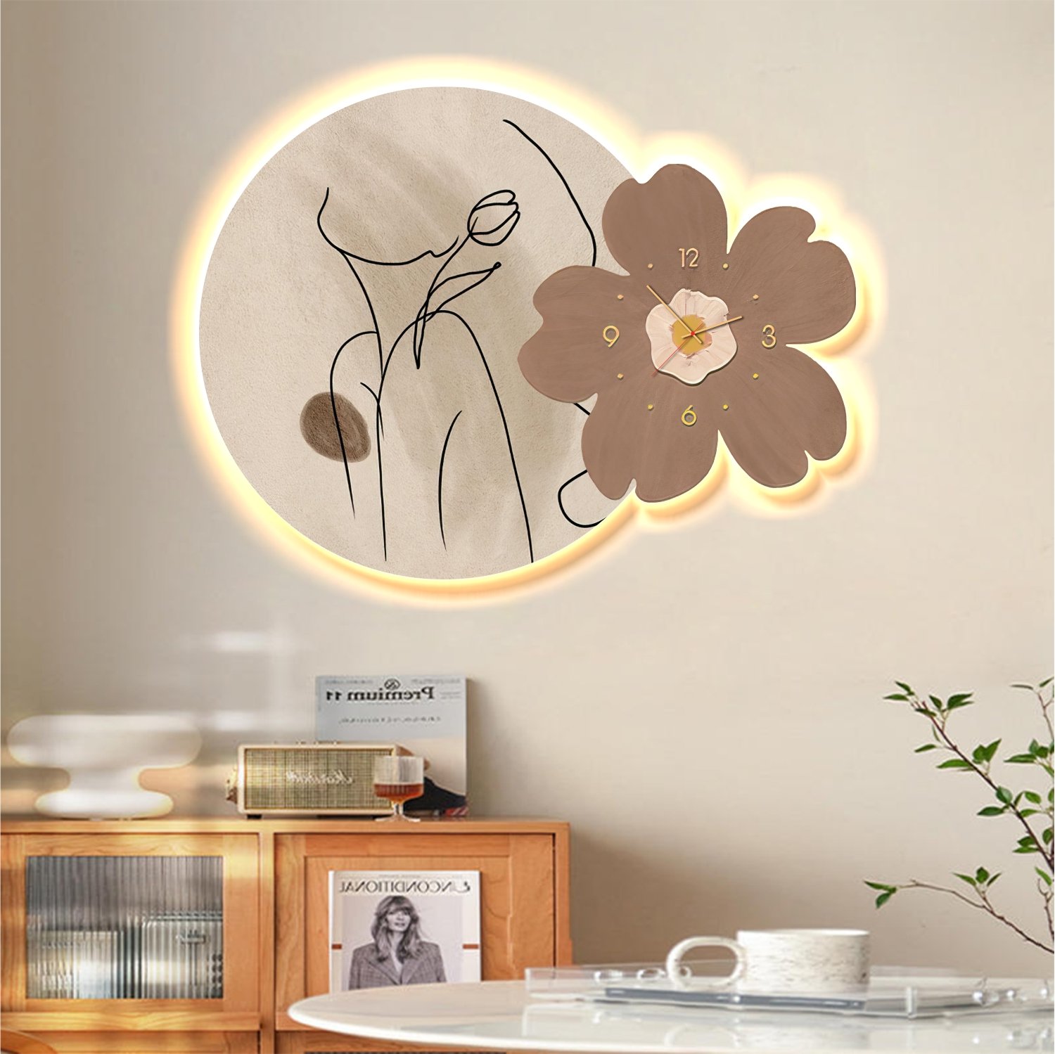Tranh Đồng Hồ Đèn Led Tráng Gương Pha Lê Hoa Nghệ Thuật 3