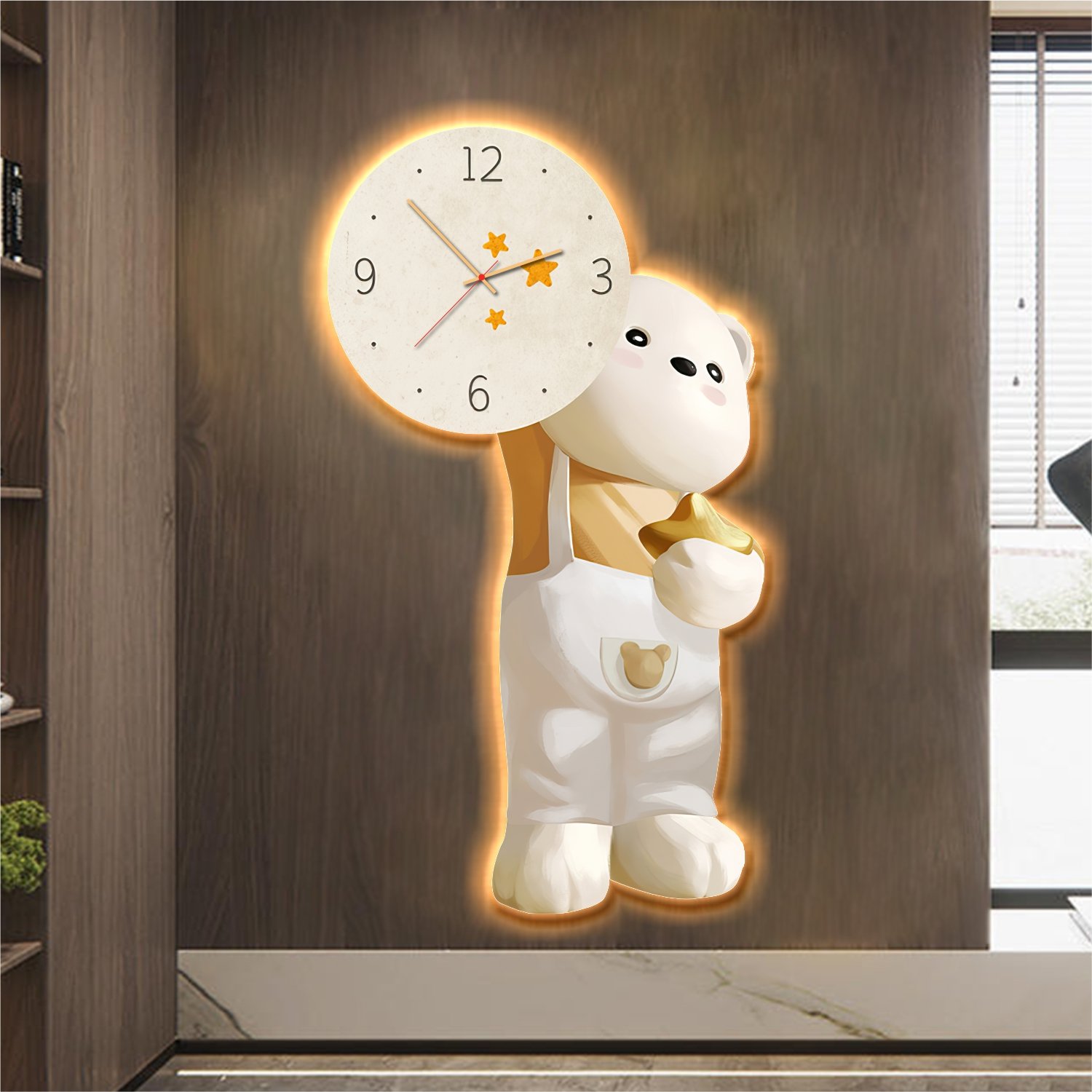 Tranh đèn tráng gương treo tường trang trí hiện đại gấu kèm đồng hồ