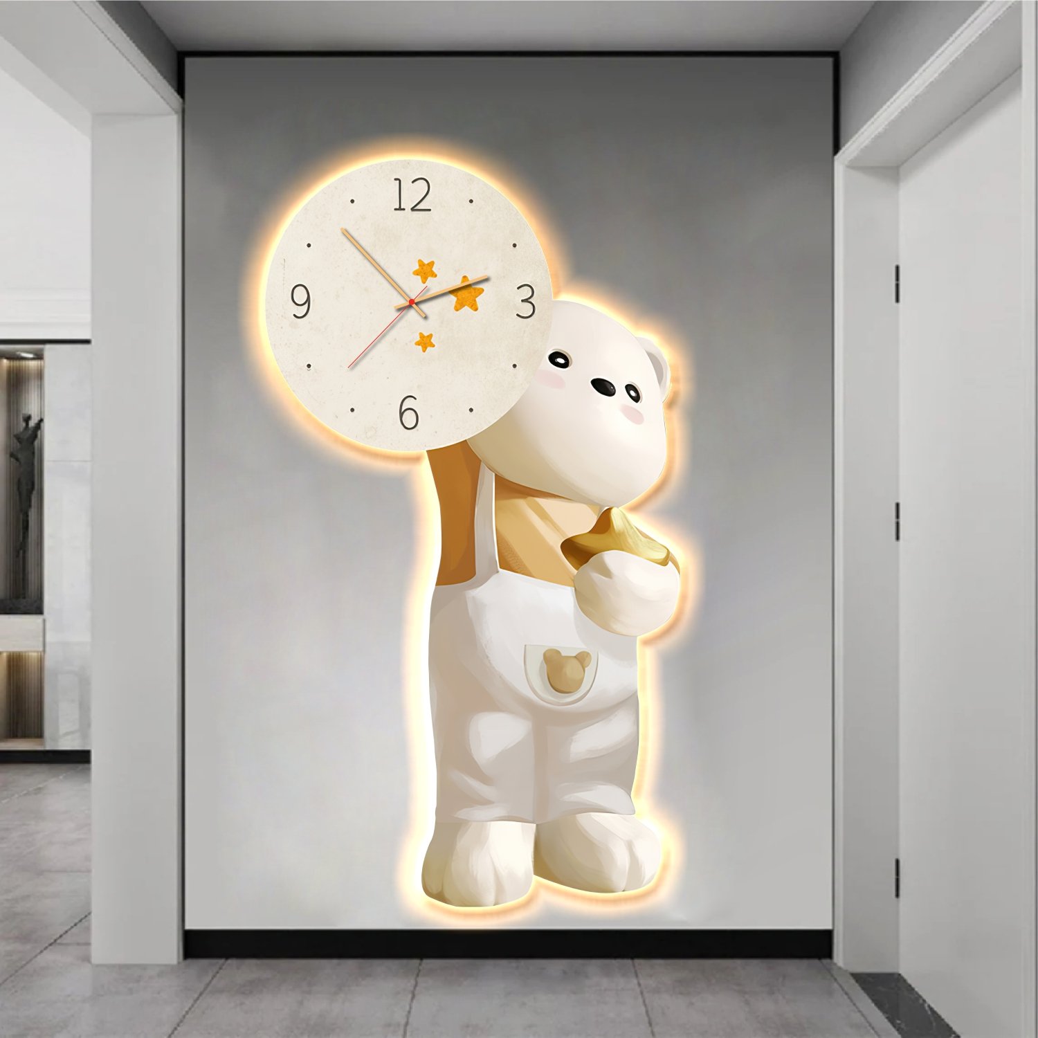 Tranh đèn tráng gương treo tường trang trí hiện đại gấu kèm đồng hồ