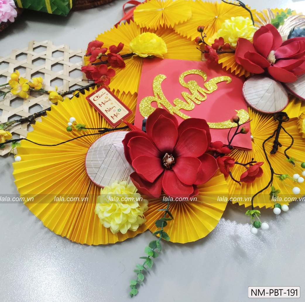 Mẹt tre quạt vàng chữ xuân đón năm mới phụ kiện trang trí tiểu cảnh tết