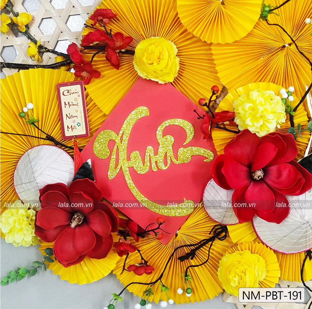 Mẹt tre quạt vàng chữ xuân đón năm mới phụ kiện trang trí tiểu cảnh tết