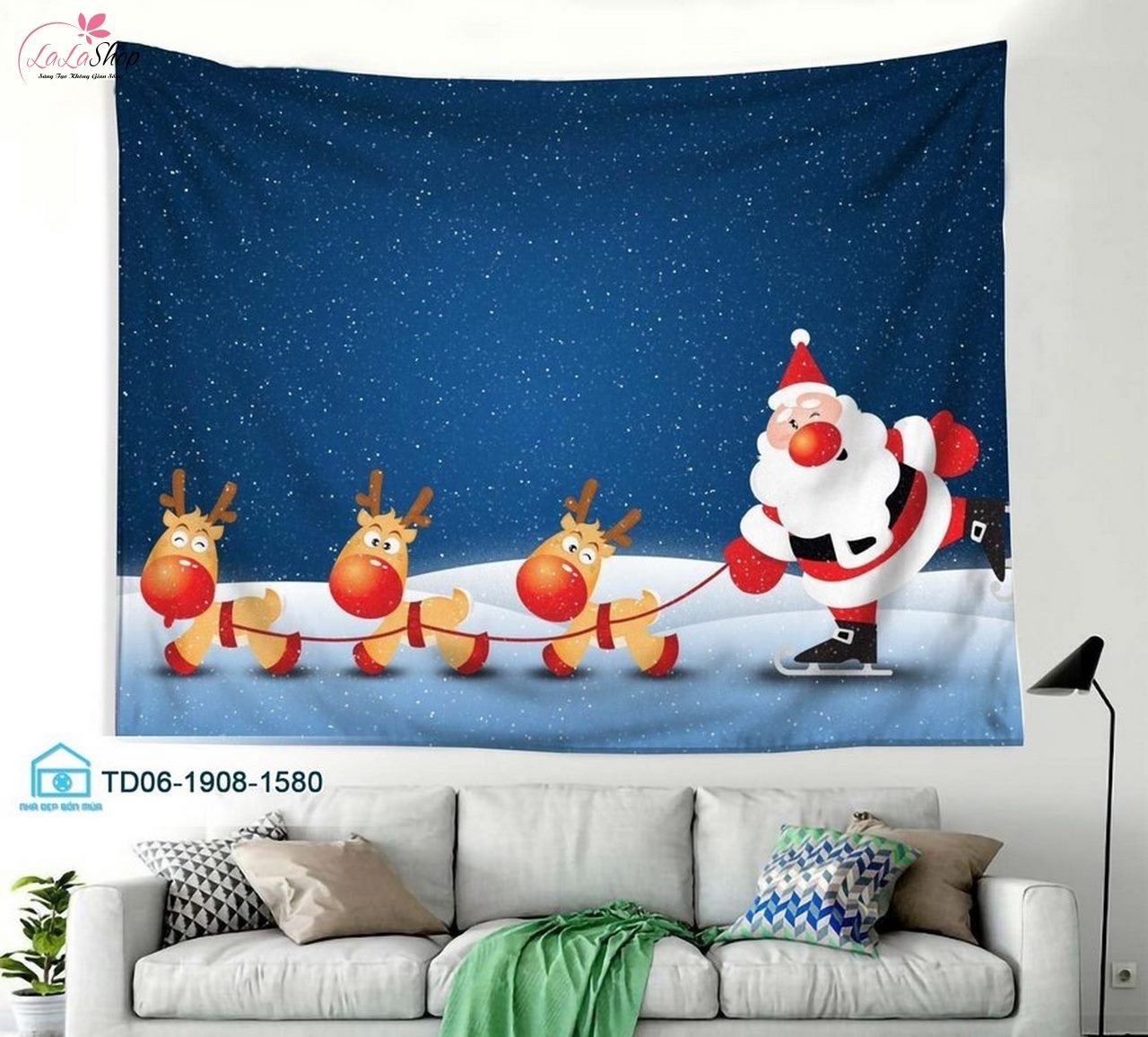 Tranh &ocirc;ng gi&agrave; Noel v&agrave; tuần lộc, &yacute; tưởng tranh vải n&agrave;y để trang tr&iacute; cho trẻ con trong nh&agrave;