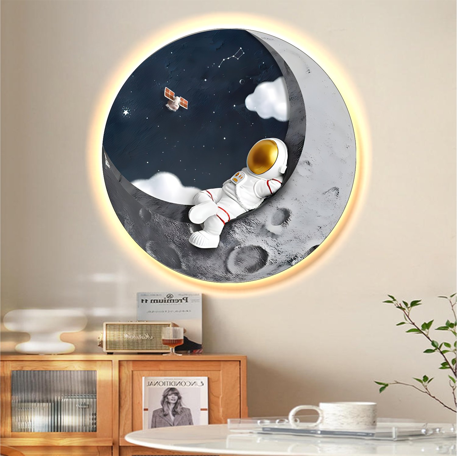 Tranh đèn LED treo tường phi hành gia nghe nhạc Lofi chill trên nữa vầng trăng