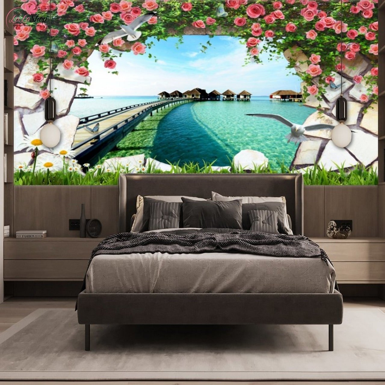Hòa quyện vào không gian sống đẹp với tranh dán tường 3D cửa sổ phong cảnh biển