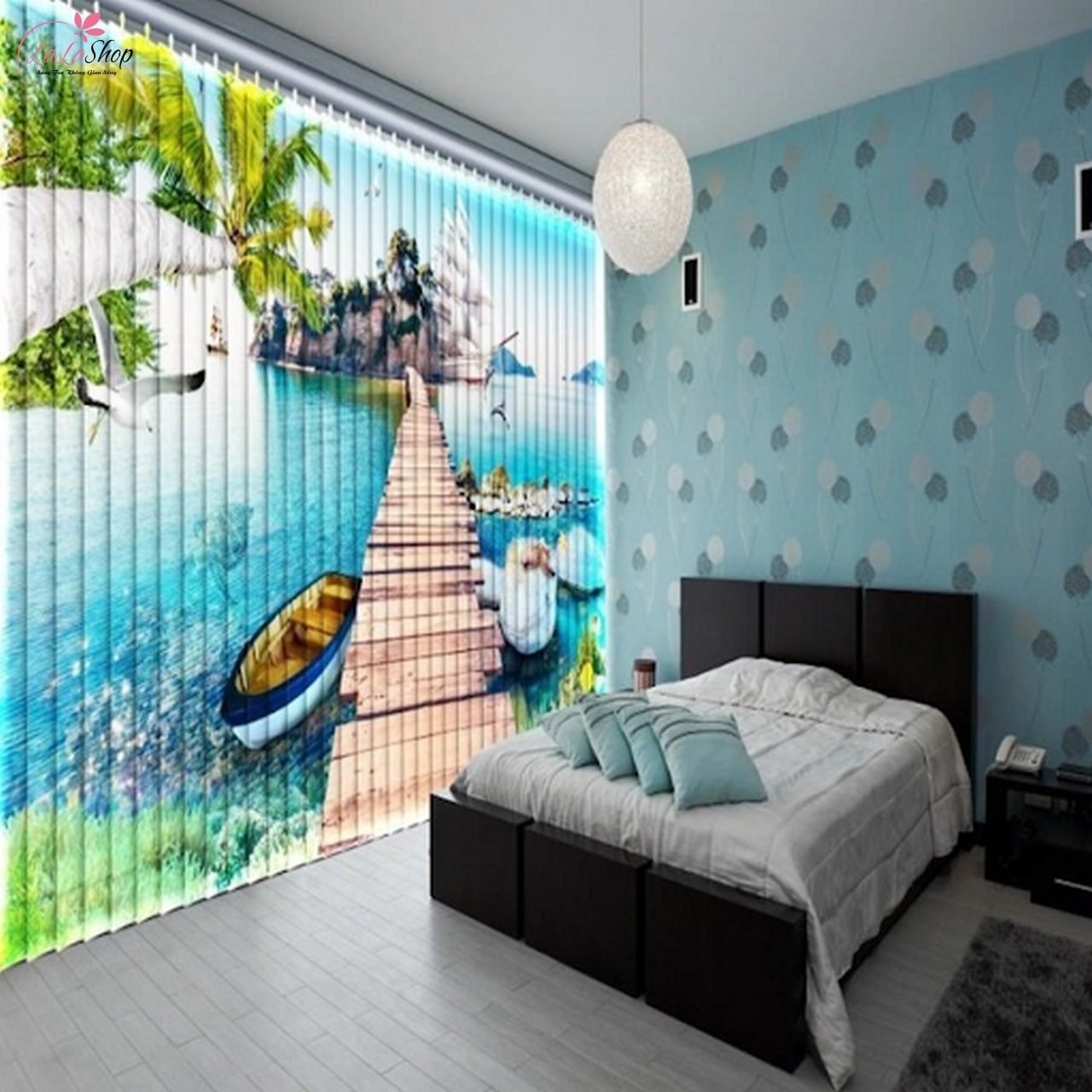 Rèm 3D - Mẫu rèm cửa tranh 3D thuyền và biển phù hợp cho phòng ngủ