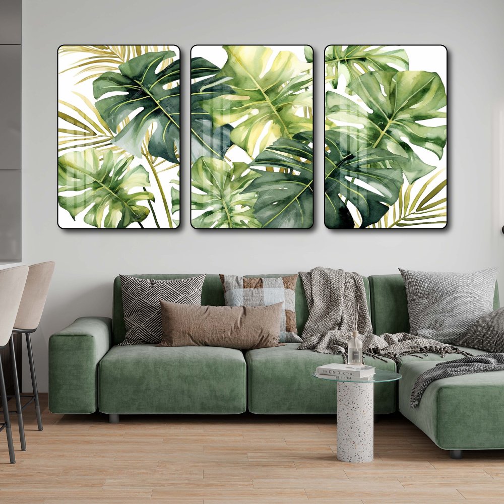 Tranh treo tường bộ 3 tấm l&aacute; xanh nhiệt đới 3