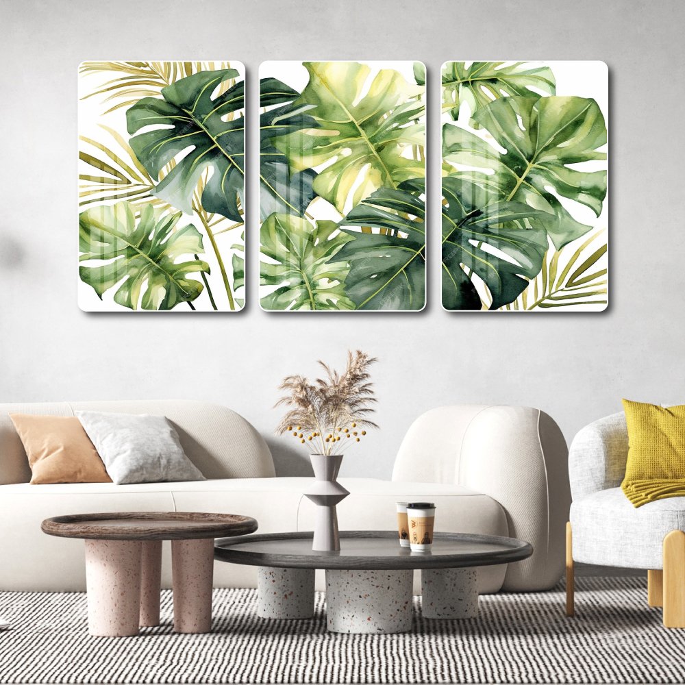 Tranh treo tường bộ 3 tấm l&aacute; xanh nhiệt đới 3