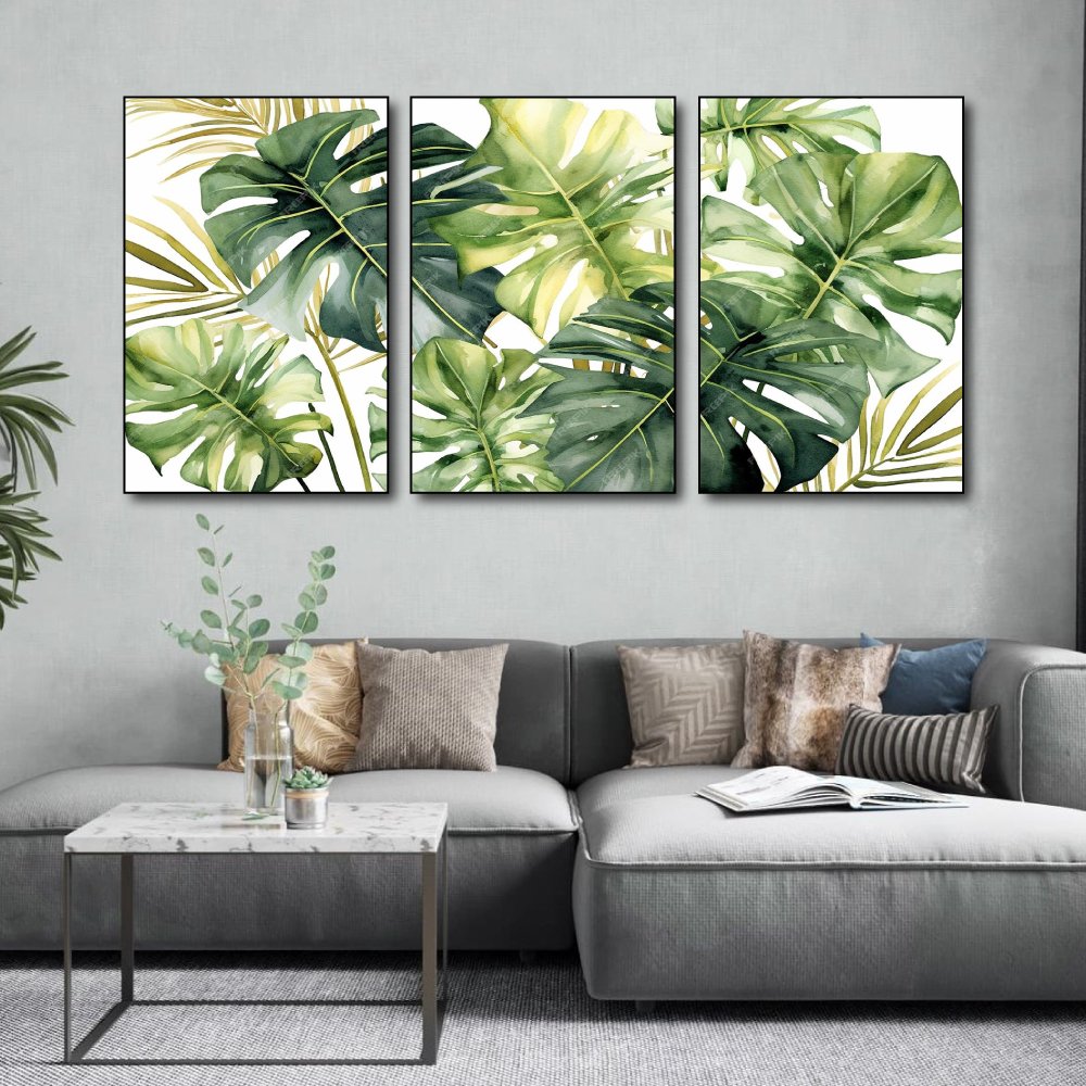 Tranh treo tường bộ 3 tấm l&aacute; xanh nhiệt đới 3
