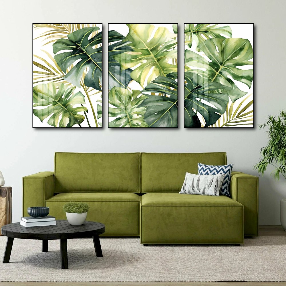Tranh treo tường bộ 3 tấm l&aacute; xanh nhiệt đới 3