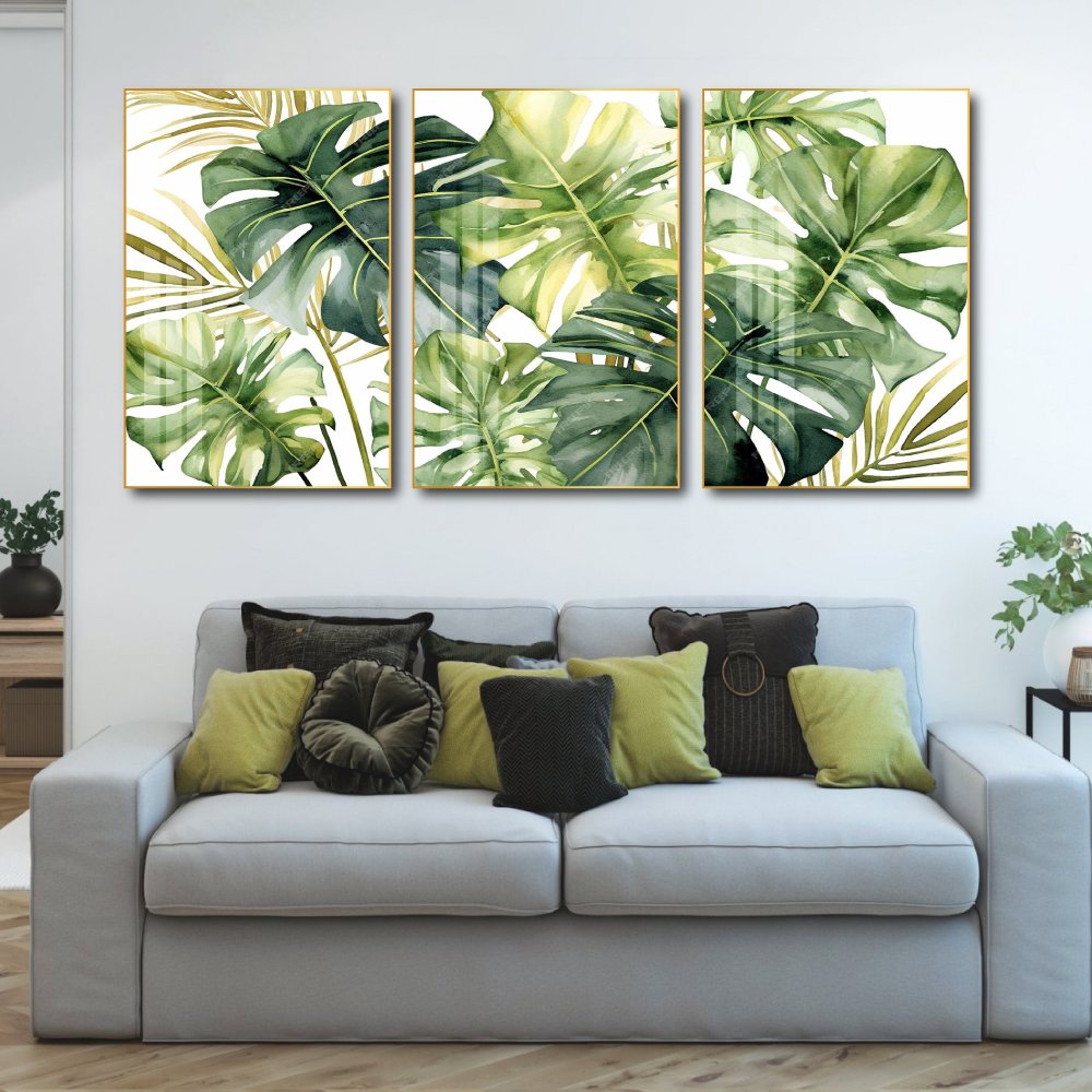 Tranh treo tường bộ 3 tấm l&aacute; xanh nhiệt đới 3