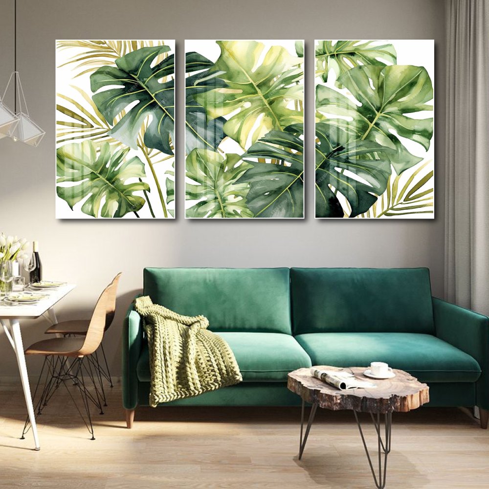Tranh treo tường bộ 3 tấm l&aacute; xanh nhiệt đới 3