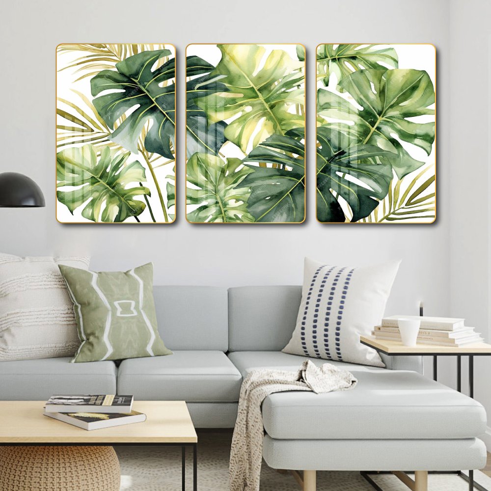 Tranh treo tường bộ 3 tấm l&aacute; xanh nhiệt đới 3