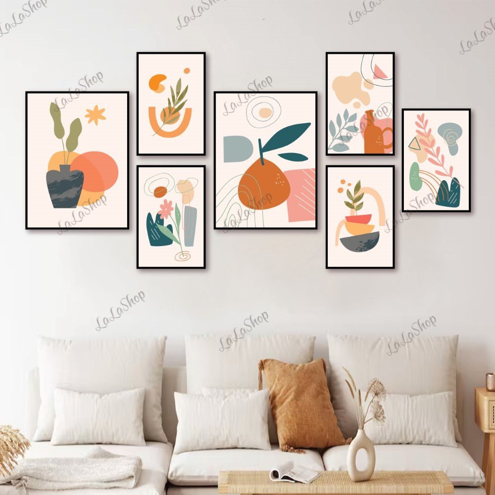 Set 7 Tranh Dán Tường Bình Hoa Và Lá Nghệ Thuật Có Keo Sẵn