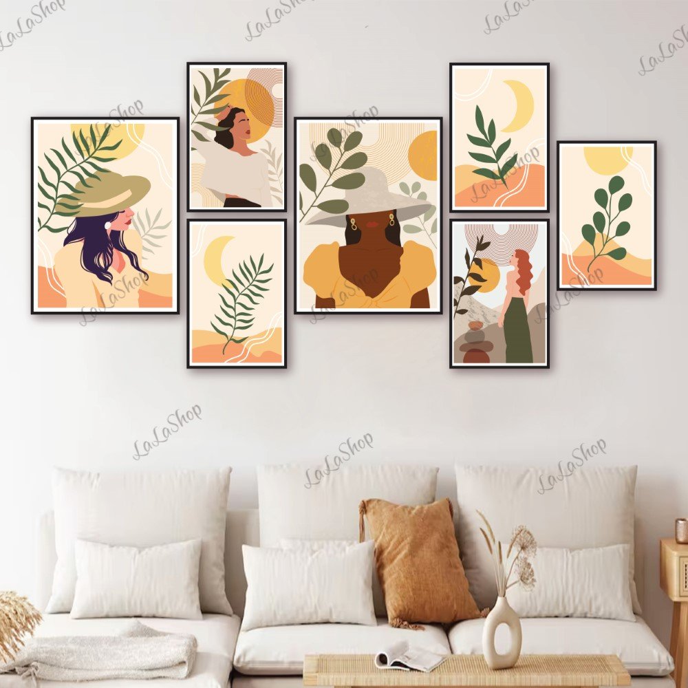 Set 7 Tranh Dán Tường Cô Gái Và Lá Xanh Nghệ Thuật Có Keo Sẵn Mẫu 2