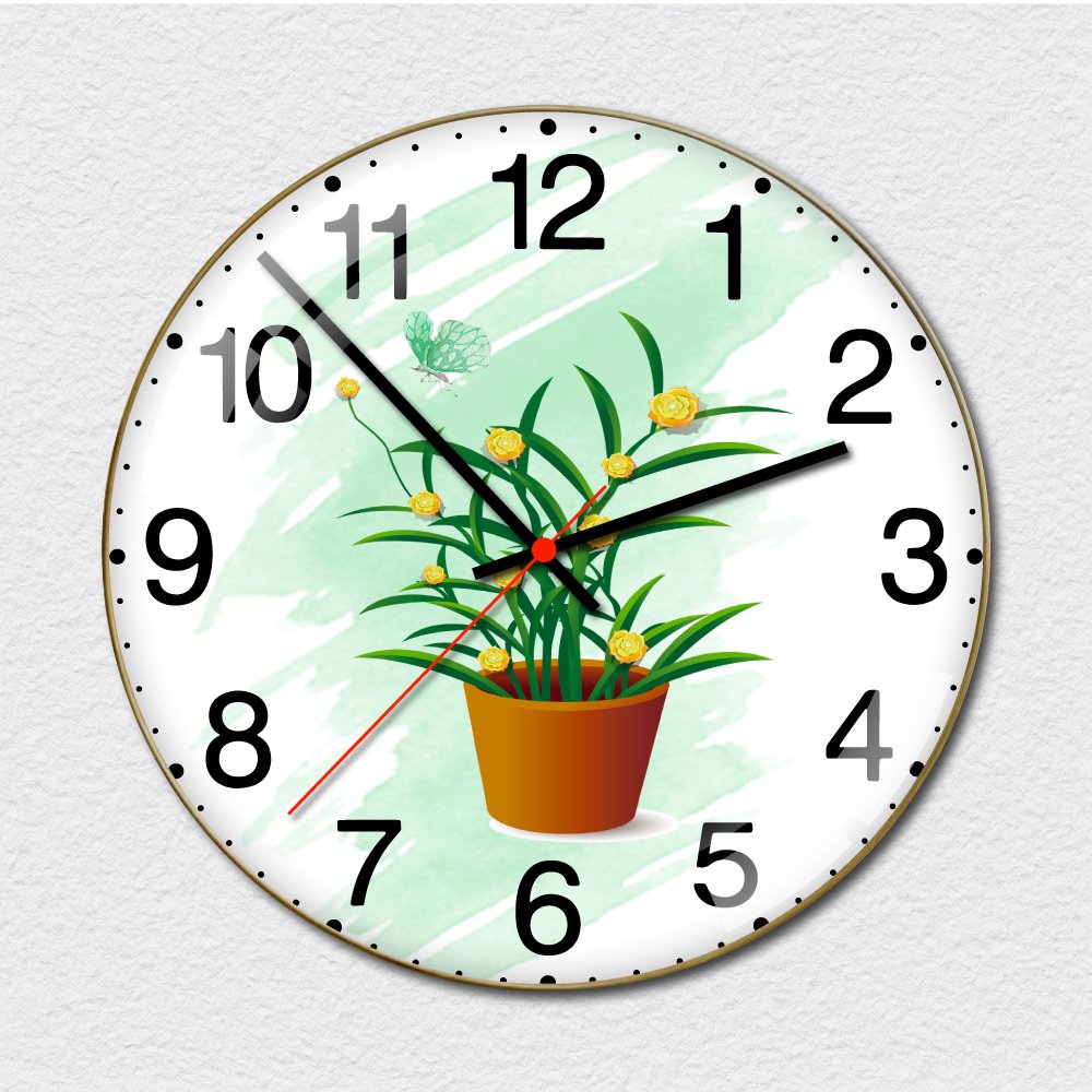 Đồng hồ vintage treo tường chậu lá xanh hoa vàng nghệ thuật