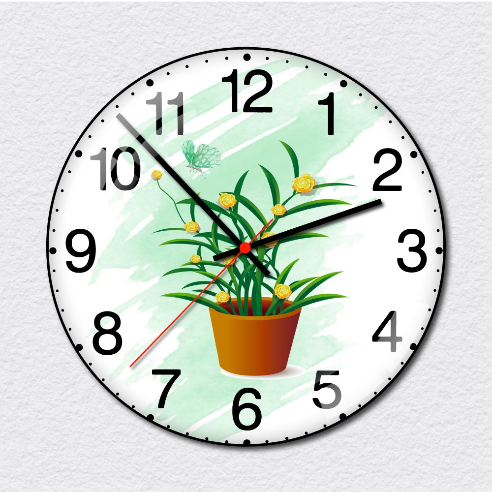 Đồng hồ vintage treo tường chậu lá xanh hoa vàng nghệ thuật