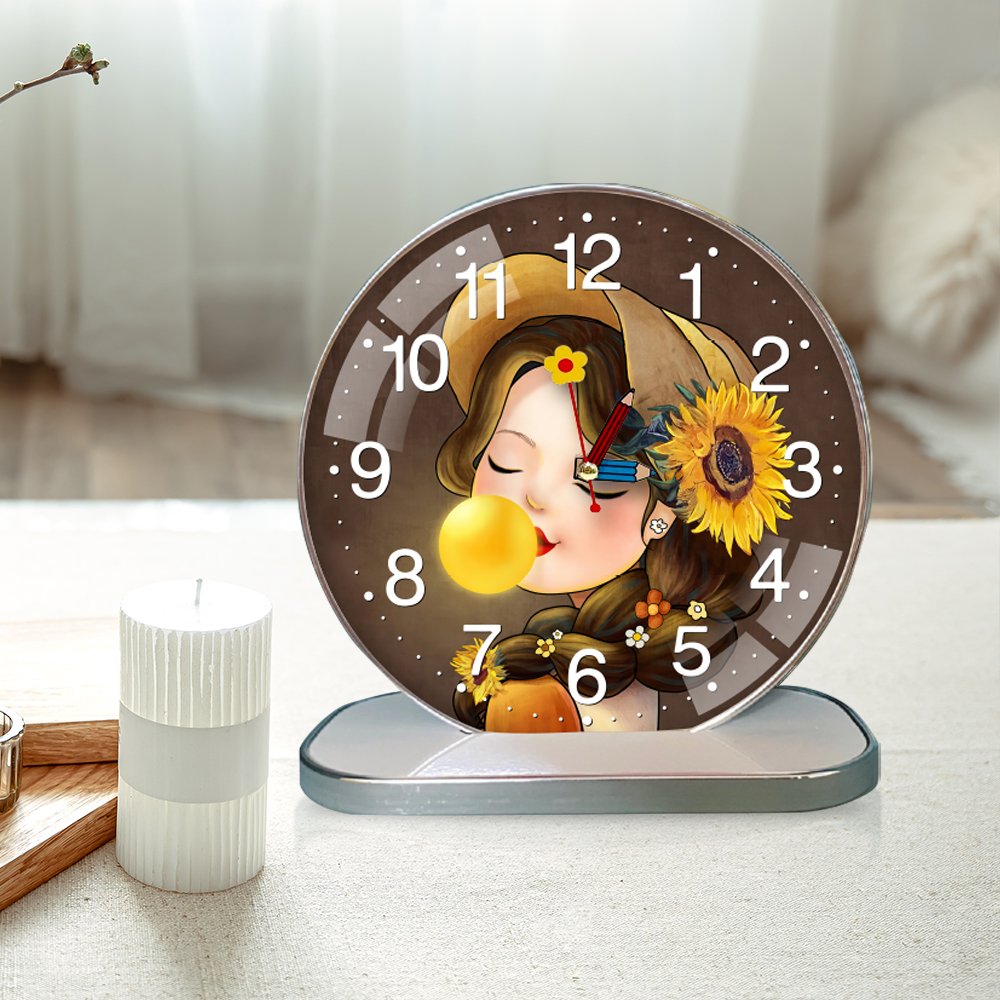 Tranh Đồng Hồ Để Bàn Cô Bé Tóc Nâu Và Hoa Hướng Dương