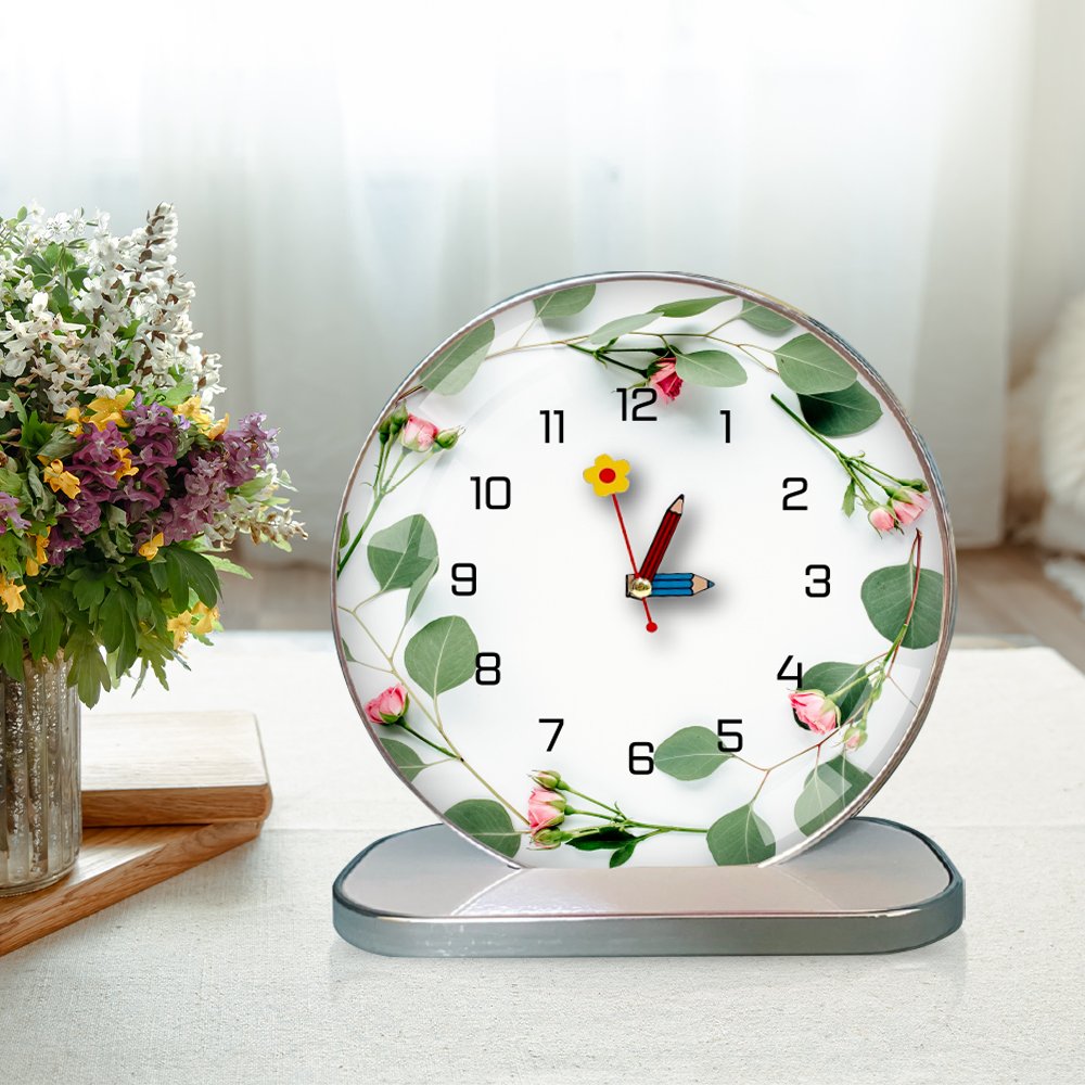 Tranh Đồng Hồ Để Bàn Vintage Dây  Lá Xanh Hoa Hồng