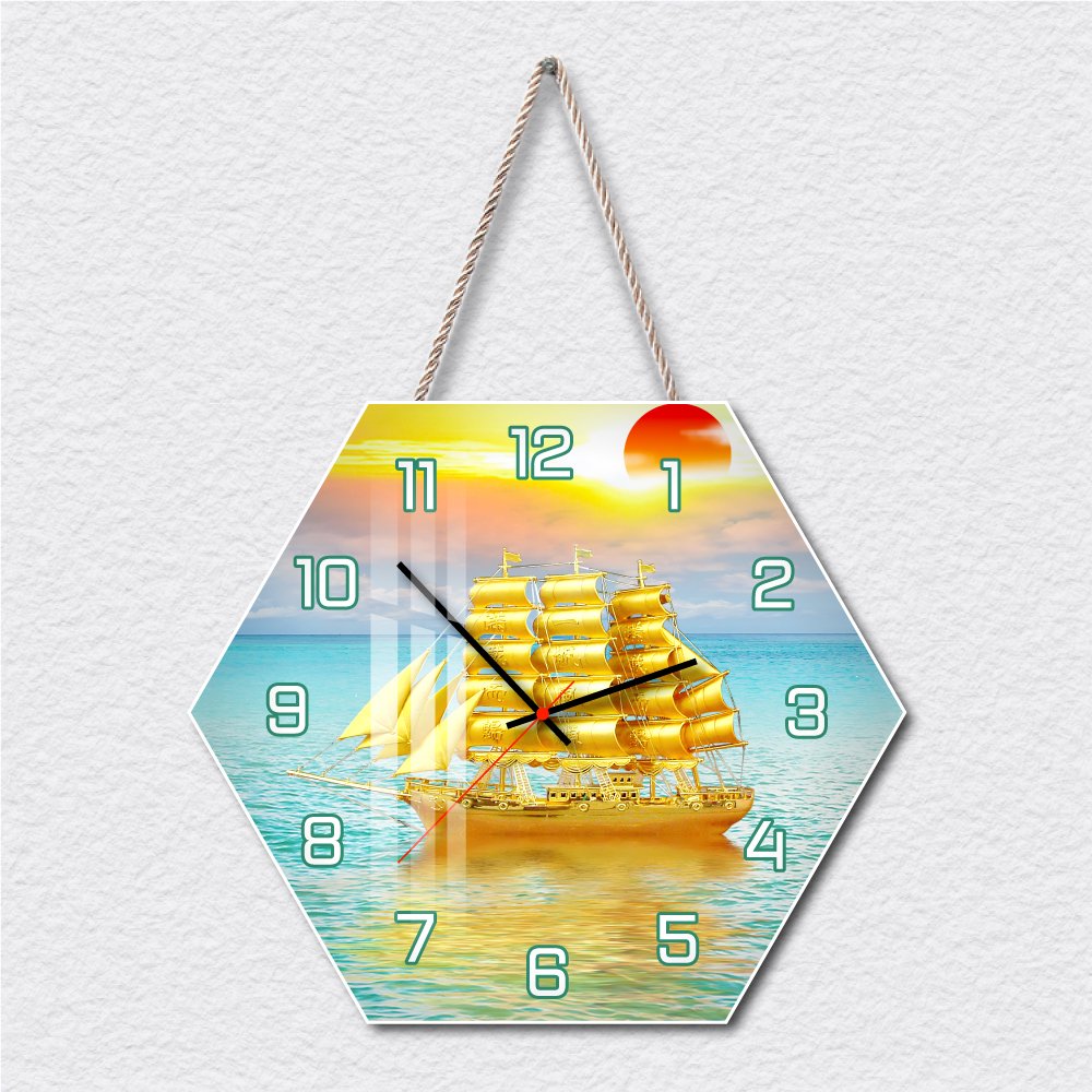 Tranh Đồng Hồ Dây Treo Tráng Gương Thuyền Buồm Đón Bình Minh
