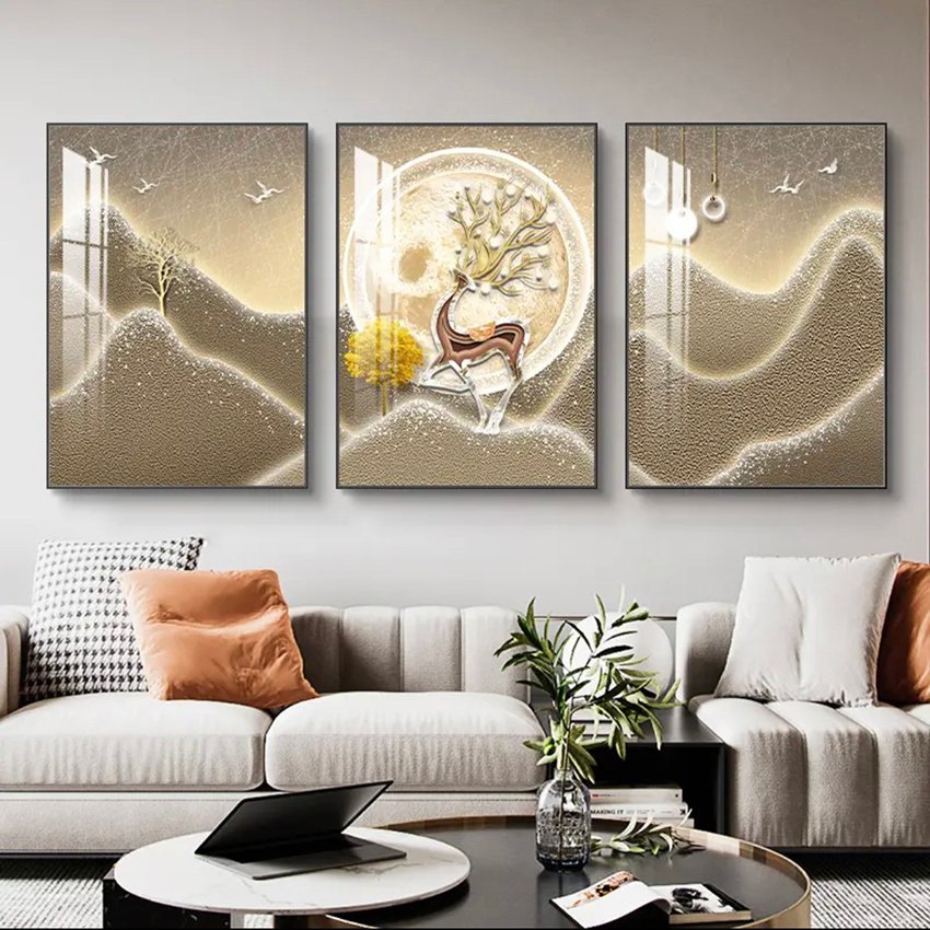 Tranh 3 Tấm Treo Tường Hươu Hoa Tài Lộc Dưới Ánh Trăng 2