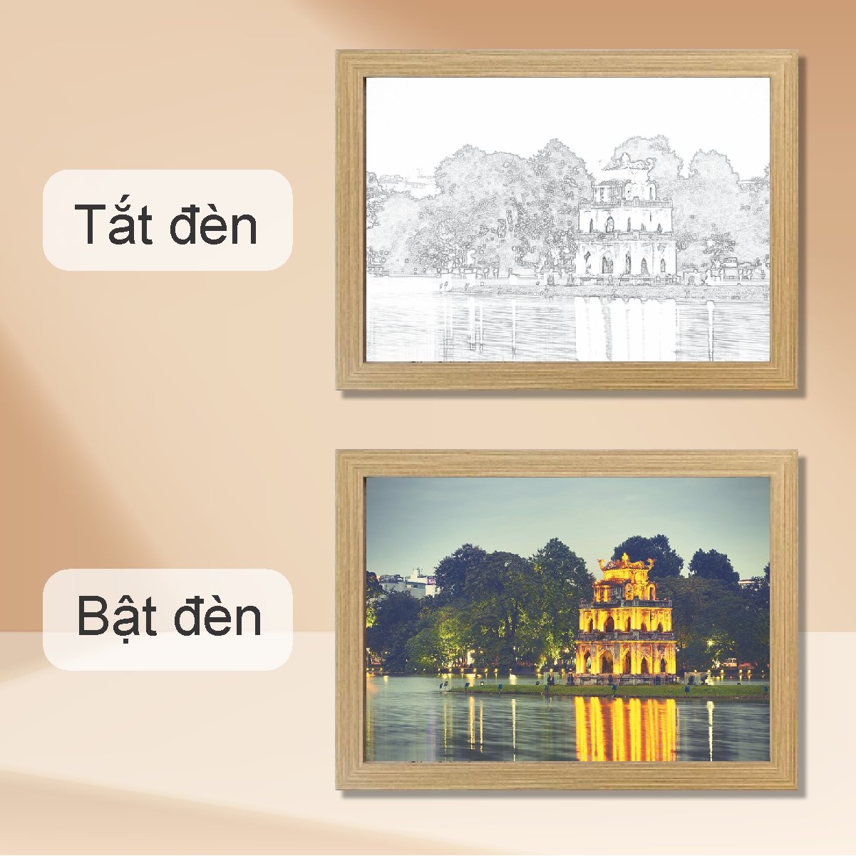 Tranh Đèn Led Tráng Gương 3D Đổi Màu 3 Chế Độ Phong Cảnh Hồ Gươm
