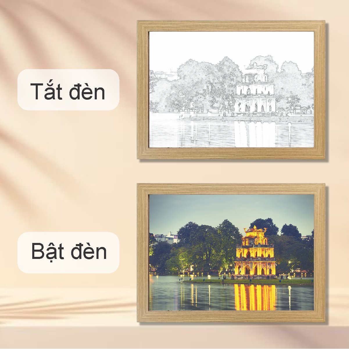 Tranh Đèn Led Tráng Gương 3D Đổi Màu 3 Chế Độ Phong Cảnh Hồ Gươm