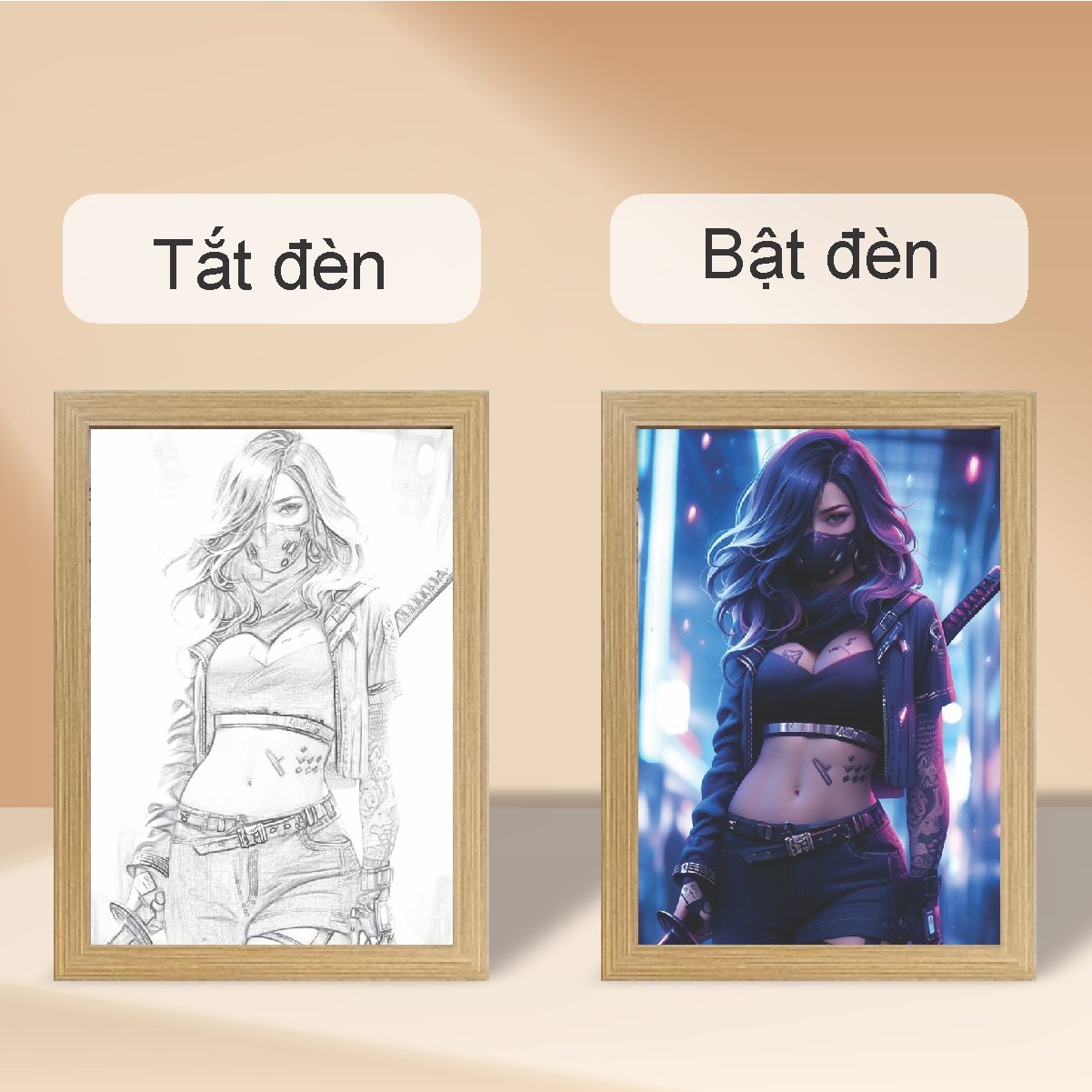 Tranh Đèn Led Tráng Gương 3D Đổi Màu 3 Chế Độ Anime Ninja Girl