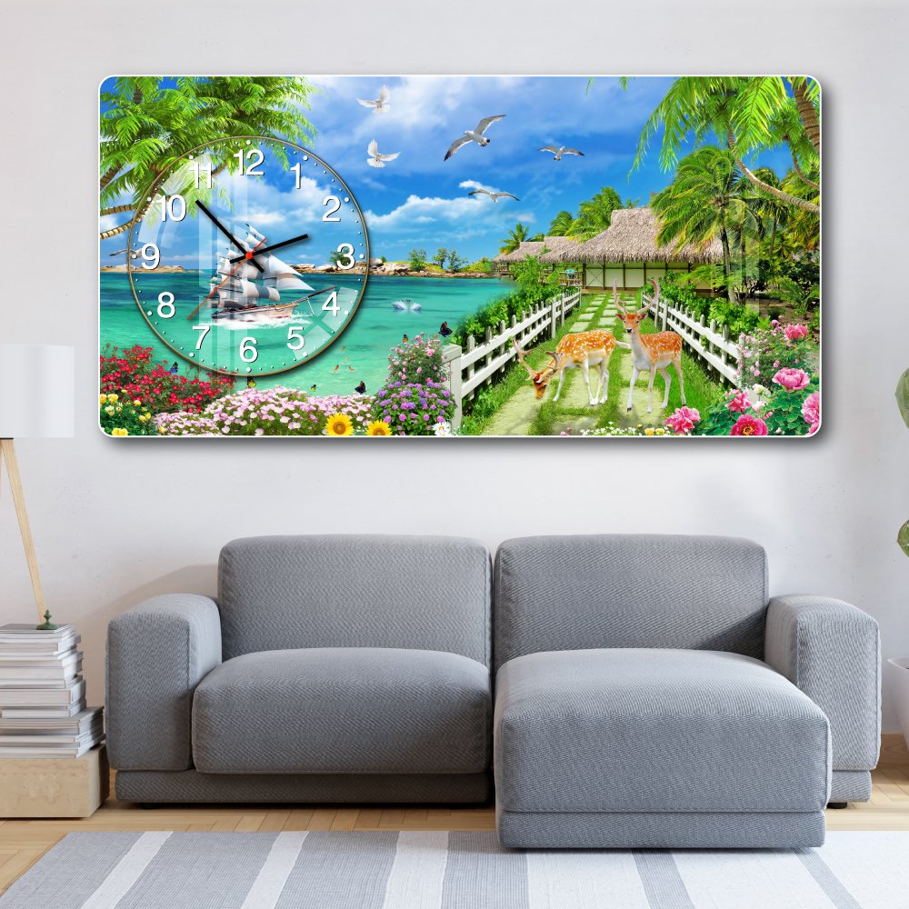 Tranh Đồng Hồ Nổi 3D Thuận Buồm Xuôi Gió Và Đôi Hươu Vàng