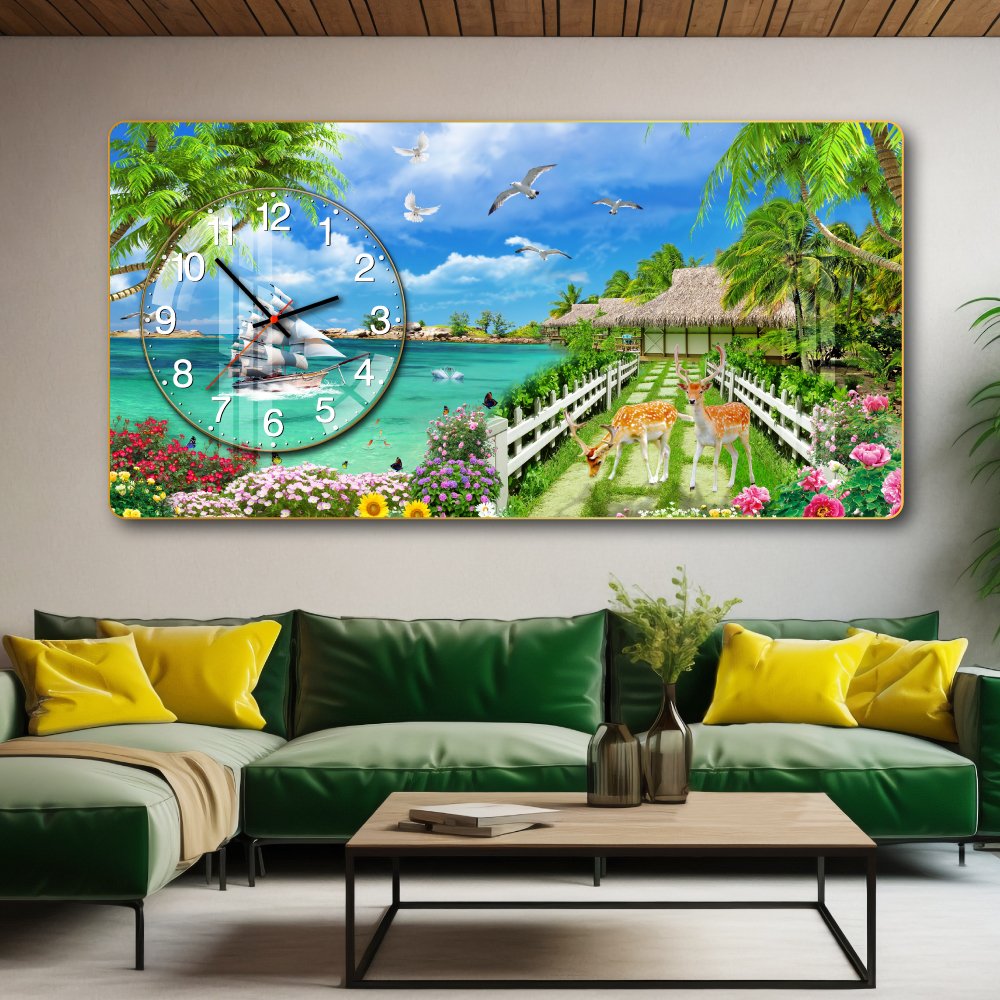 Tranh Đồng Hồ Nổi 3D Thuận Buồm Xuôi Gió Và Đôi Hươu Vàng