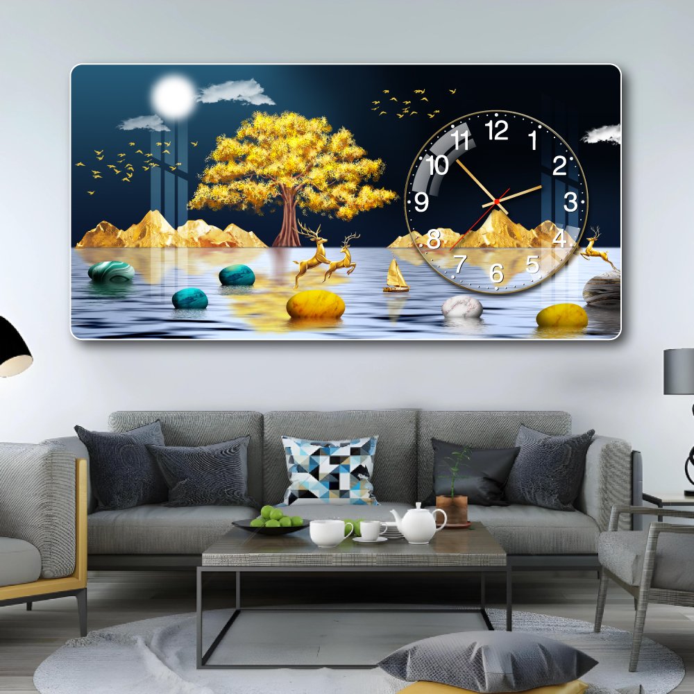 Tranh Đồng Hồ Nổi 3D Cây Vàng Phú Quý và Hươu Dưới Ánh Trăng