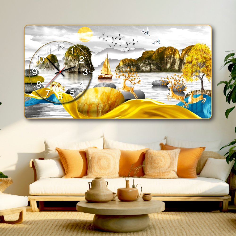 Tranh Đồng Hồ Nổi 3D Những Chú Hươu Vàng Hòa Quyện Giữa Thiên Nhiên