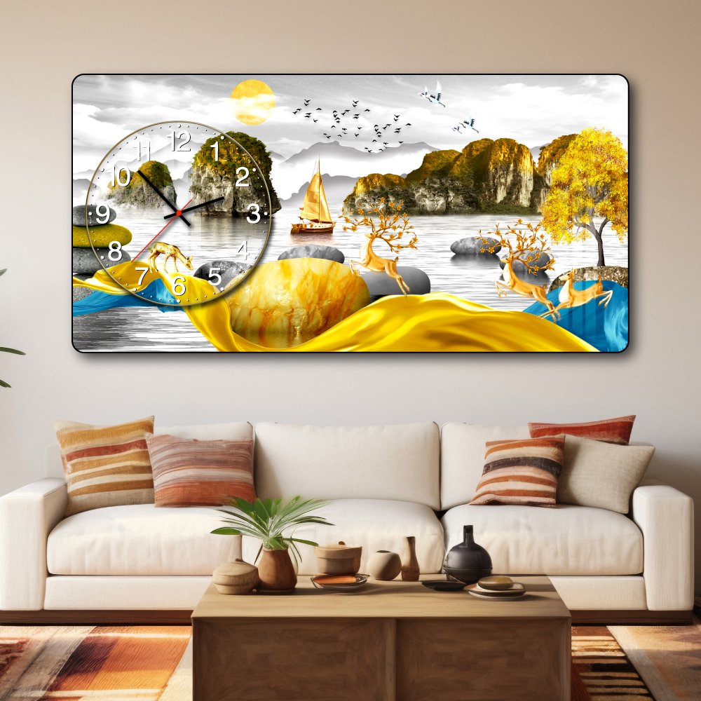 Tranh Đồng Hồ Nổi 3D Những Chú Hươu Vàng Hòa Quyện Giữa Thiên Nhiên